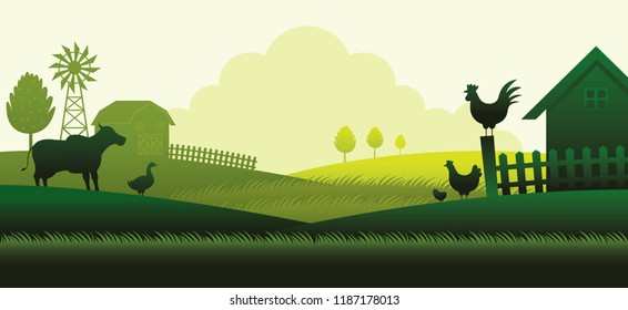 Farm with Animals Silhouette Background, Agriculture, Cultivate, Countryside, Field, Rural