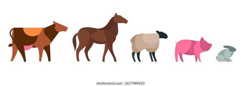 Farm animals silhouette in cartoon simple style. Cow, horse, sheep, pig, rabbit. Colorful flat character design. Fashion child vector illustration.