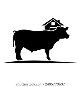 Farm Animals in Silhouette, Farmland silhouette landscape vector illustration.