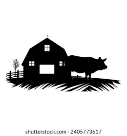 Farm Animals in Silhouette, Farmland silhouette landscape vector illustration.
