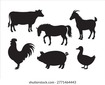 Farm animals silhouette illustration vector cow goat pig chicken duck livestock set design