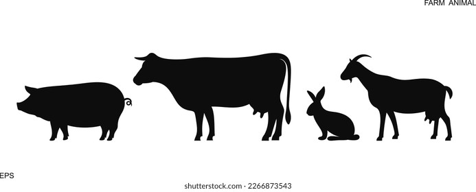 Farm animals silhouette. Isolated farm animals on white background