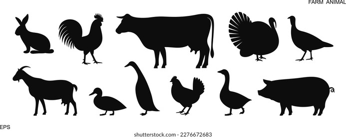 Farm animals silhouette. Isolated farm animals on white background