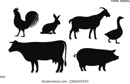 Farm animals silhouette. Isolated farm animals on white background