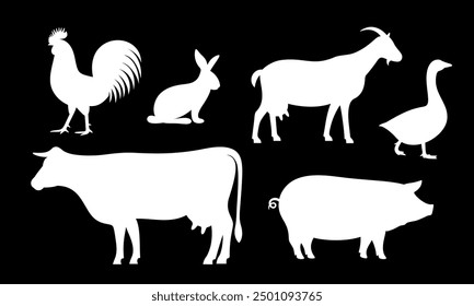Farm animals silhouette. Isolated farm animals on white background