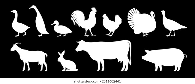 Farm animals silhouette. Isolated farm animals on white background