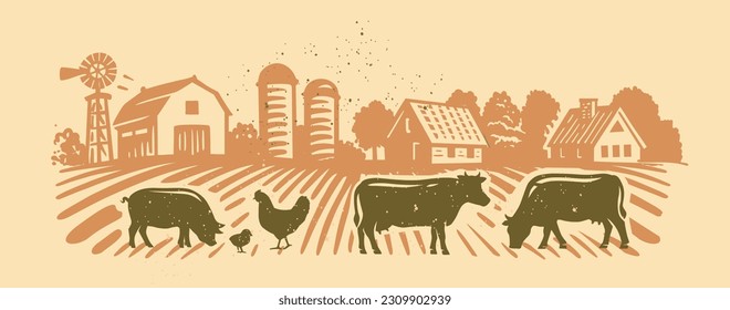 Farm animals silhouette with landscape. Farmland eco life