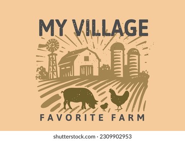 Farm animals silhouette with landscape. Farmland eco life