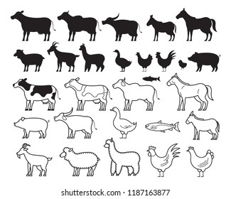 Farm Animals Silhouette and Line Set, Farming, Farmland, Agriculture Product