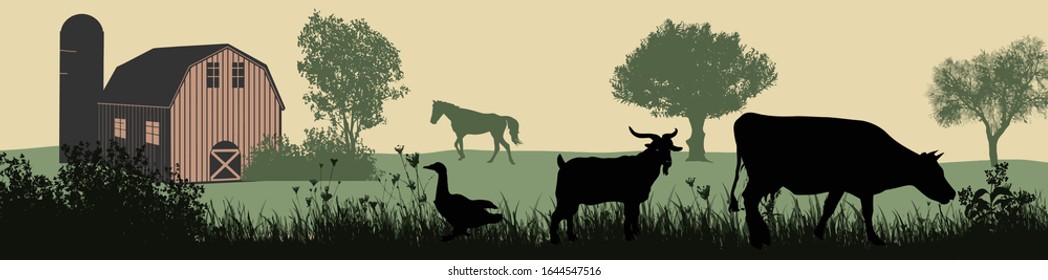 Farm animals silhouette on beautiful rural landscape, vector illustration