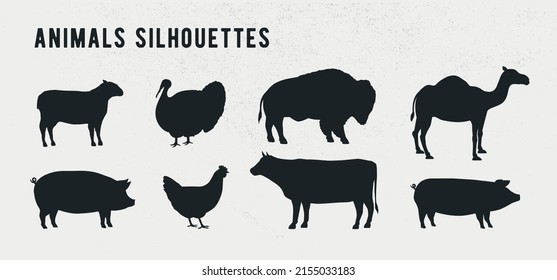 Farm Animals Silhouette set. Lamb, Turkey, Buffalo, Camel, Pig, Chicken, Cow. Farm Animals icons isolated on white background. Vector livestock icons. 