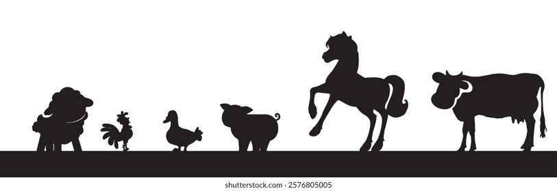 farm animals in silhouette style, vector illustration with white background.