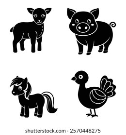Farm animals silhouetted on white background