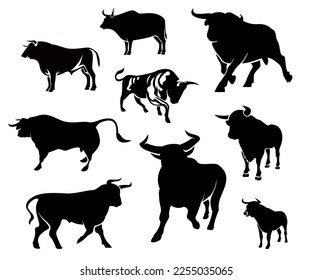 farm animals silhouettes, bull silhouettes, silhouettes of bull, design vector of bull, bull logo design, silhouettes of animals