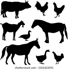 Farm Animals Silhouettes Collection Domestic Cattle Stock Vector ...