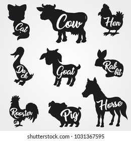 Farm animals silhouettes collection with text