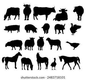 farm animals silhouettes. Cow, horse, sheep, goose, pig	