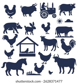 Silhuetas de animais de criação. Vaca, porco, ovelha, cordeiro, galinha, aves. fazenda. Ícones de animais de fazenda isolados no fundo branco. Ícones de gado vetorial.
