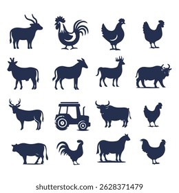 Silhuetas de animais de criação. Vaca, porco, ovelha, cordeiro, galinha, aves. fazenda. Ícones de animais de fazenda isolados no fundo branco. Ícones de gado vetorial.
