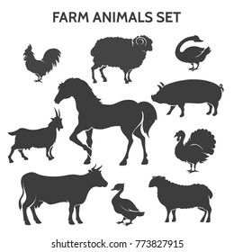 Farm animals silhouettes. Farmyard livestock animal set like horse and cow, goose and turkey, pig and goat isolated on white background, vector icons