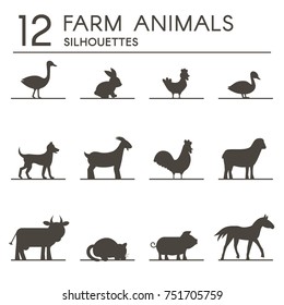 Farm Animals Silhouettes. Flat vector illustration.