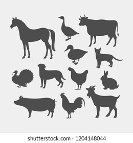 Farm animals silhouettes. Horse, cow, pig, goat, rabbit, cat, dog, goose, chicken, duck, rooster, turkey vector silhouettes