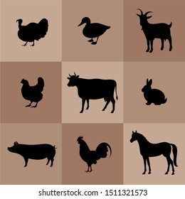 Farm animals silhouettes. Horse, cow, pig, goat, rabbit, chicken, duck, rooster, turkey vector silhouettes