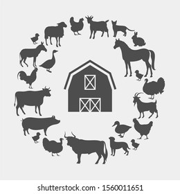 Farm animals silhouettes. Horse, cow, sheep, bull, donkey, pig, goat, rabbit, cat, dog, goose, chicken, duck, rooster, turkey vector silhouettes