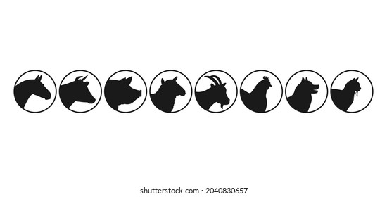 Farm animals silhouettes. Horse, cow, pig, goat, sheep, cat, dog, chicken vector silhouettes