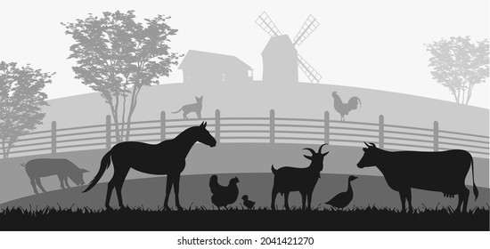 Farm animals silhouettes. Horse, cow, pig, goat, sheep, cat, dog, chicken, goose vector silhouettes