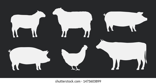 Farm animals silhouettes icons set. Lamb, Sheep, Pig, Hen and cow. Vector illustration