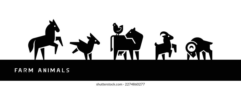 Farm Animals silhouettes isolated on white background. Vector illustration