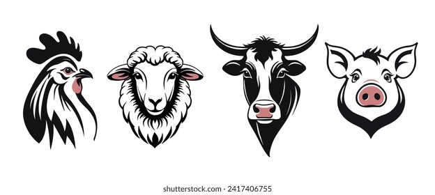 Farm Animals silhouettes isolated on white background. Vector illustration