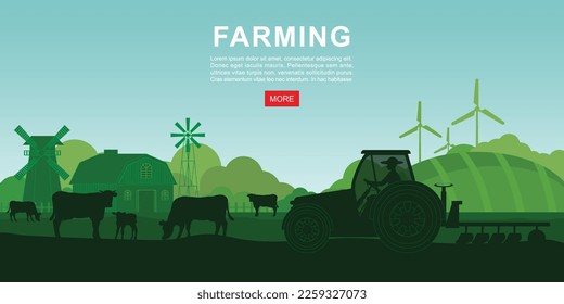 Siluetas de animales de granja, Paisaje de la industria de la agricultura. Agricultor manejando un tractor en tierras de cultivo. Concepto de agricultura y ganadería, paisaje rural, ilustración vectorial.