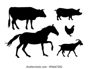 Farm animals silhouettes on white background. Cow, horse, pig, hen, goat