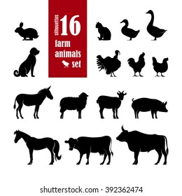 Farm Animals Silhouettes set for domestic fauna design: ?ow, horse, cat, sheep, chicken, duck, turkey, goat, rabbit, dog, donkey, pig, beef, goose isolated on white background. Vector illustration.