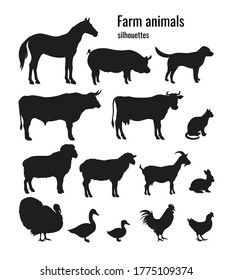 Farm Animals Silhouettes Set Of Horse, Pig, Dog, Bull, Cow, Cat, Ram, Sheep, Goat, Rabbit, Turkey, Goose, Duck, Rooster, Chicken. Vector Illustration