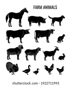 Farm Animals Silhouettes Set Of Horse, Pig, Dog, Bull, Cow, Cat, Ram, Sheep, Goat, Rabbit, Turkey, Goose, Duck, Rooster, Chicken. Vector Illustration