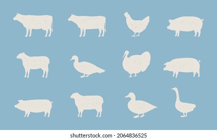 Farm Tiere Silhouetten Set. Landwirtschaftliche Tiersymbole einzeln auf blauem Hintergrund. Kuh, Hen, Schwein, Schafe, Türkei. Vektorgrafik	