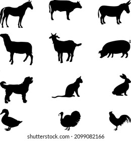 Farm Animals Silhouettes Set, Isolated On White Background