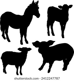Farm animals silhouettes set. Sheep, horse pig and cow