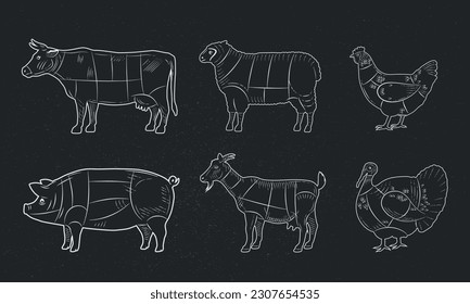 Farmtiere Silhouetten Set. Vintage-Design. Kuh, Schafe, Schweineziege, Hühner, Türkei. Vektorgrafik	