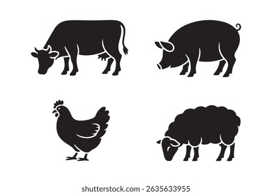 Farm Animals Silhouettes Vector Collection with Cow Pig Sheep Bull Chicken and More