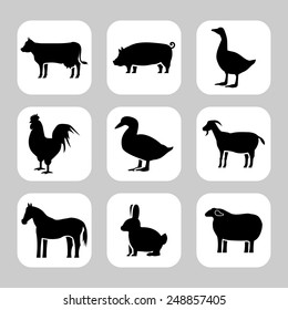 Farm Animals Silhouettes Vector Icon Set