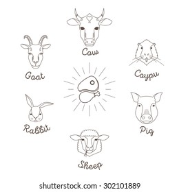 Farm animals simple avatars and farm products icons set with.2D icons collection.