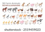 Farm animals simple vector illustration set. Domestic animals cartoon clipart set in flat style. Dog, cat, pig, donkey, goat, turkey, rabbit, dairy cow, pigeon, sheep, chicken, hen, duck, horse, goose