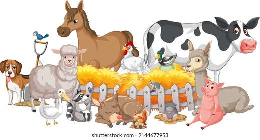 Farm animals sitting by the fence illustration