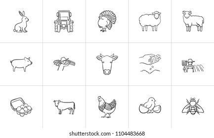 Farm animals sketch icon set for web, mobile and infographics. Hand drawn farm animals vector icon set isolated on white background.