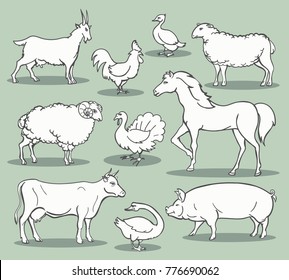 Farm animals sketch. Livestock doodle set vector illustration like turkey and horse, sheep and chicken, goat and sheep