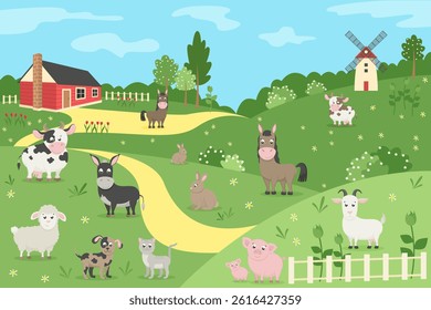 Farm animals with spring landscape. Cow, horse, donkey, sheep, goat, pig, dogs and cat. Vector illustration in flat cartoon style.